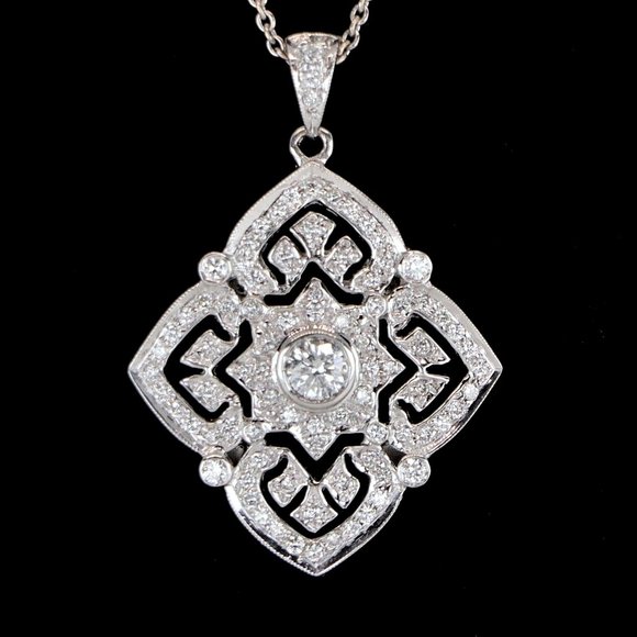18891 Diamond Pendant 14K White Gold 0.80ct Round Quatrefoil Clover Shape 18" - Picture 1 of 5